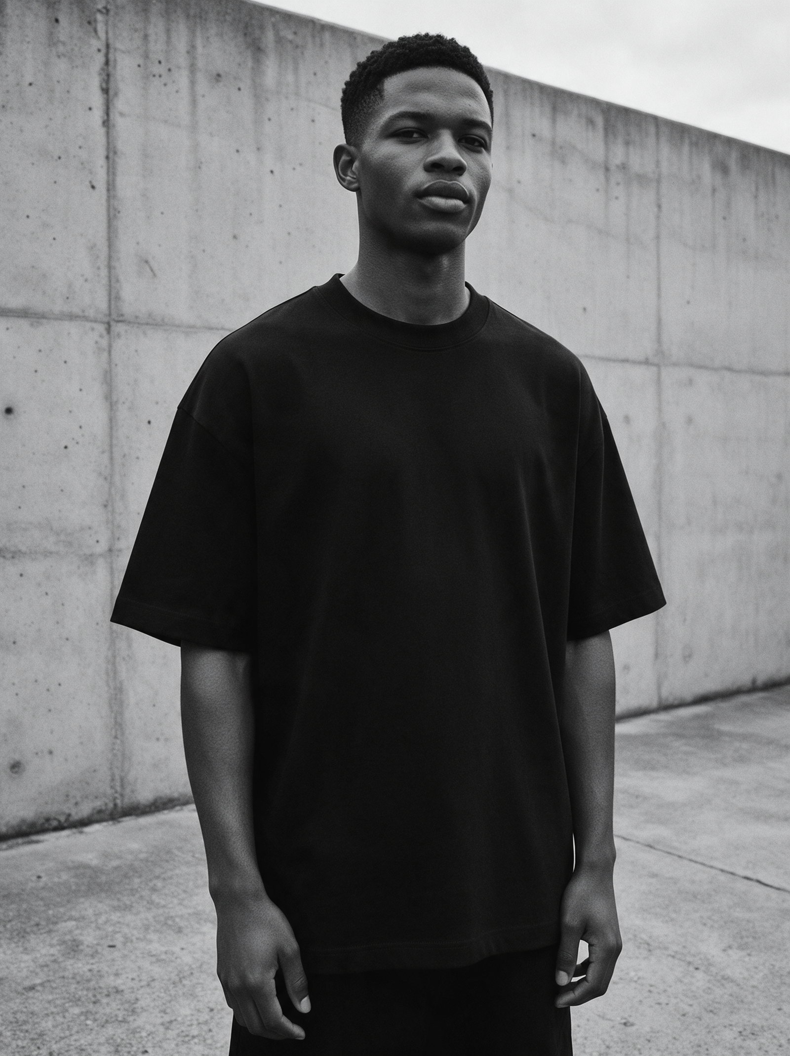 Model wearing a plain oversized black t-shirt against a concrete wall