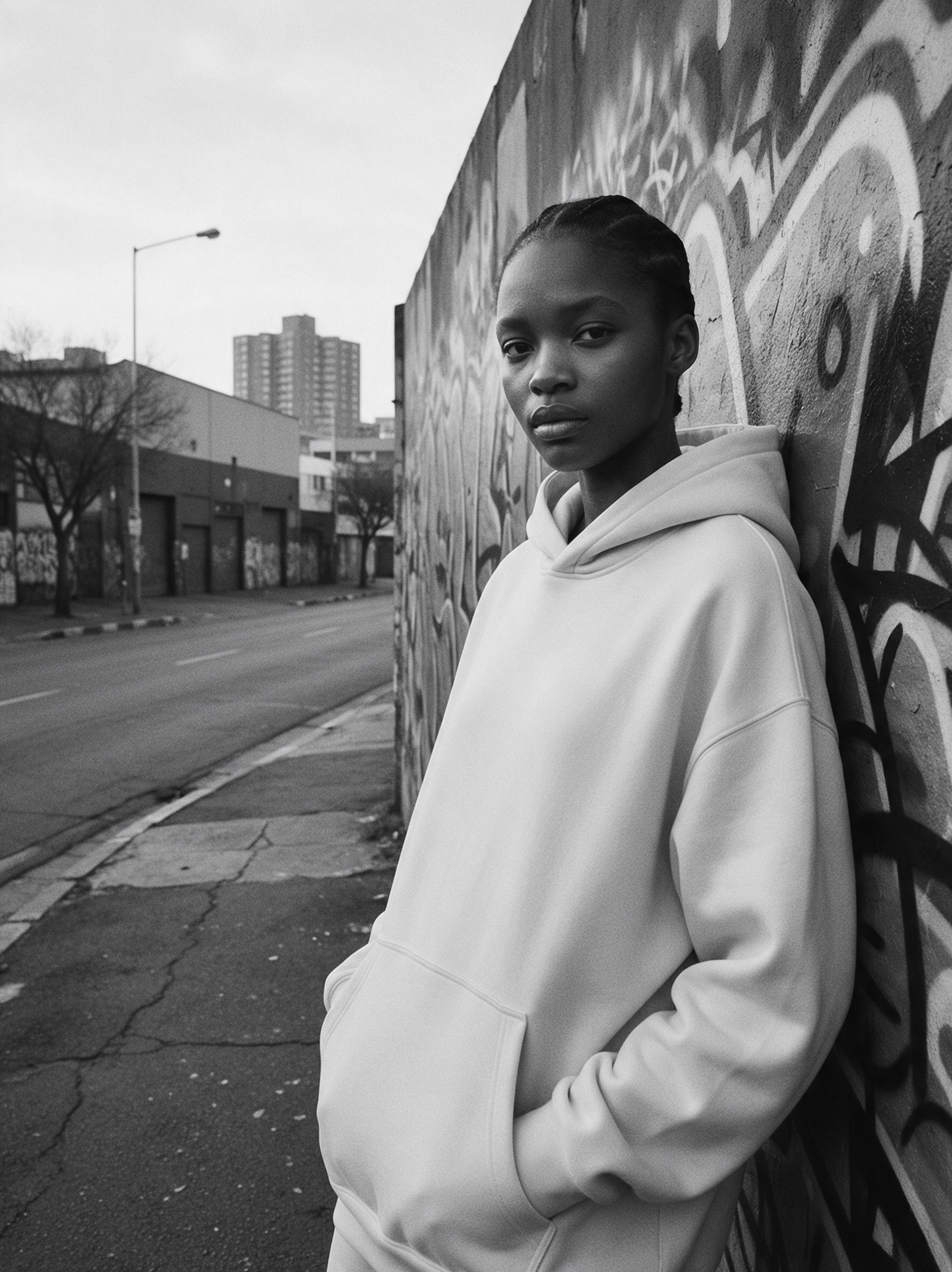 Model wearing a plain oversized hoodie against a graffiti wall