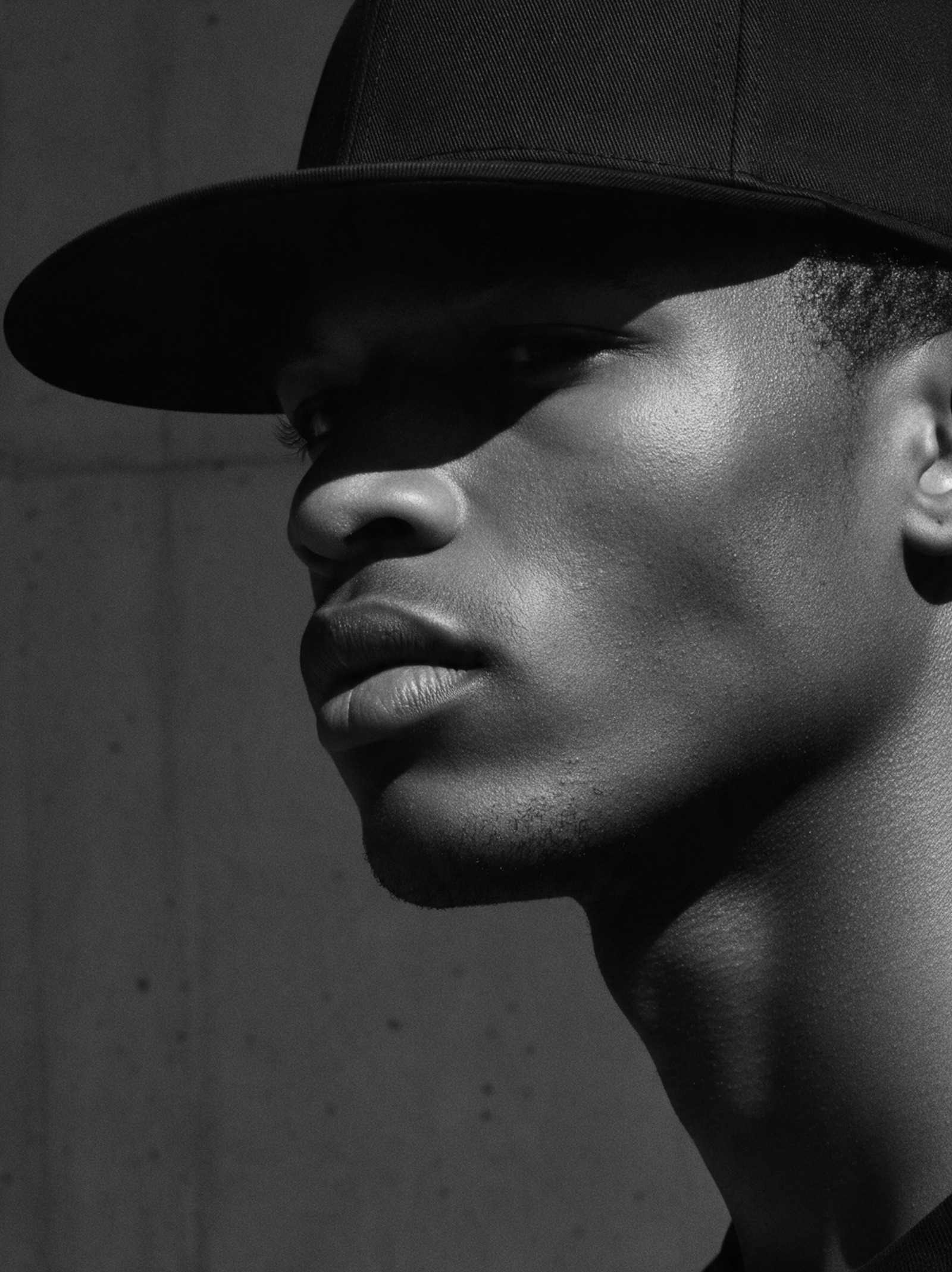 Close-up of a model wearing a plain flat-brim cap