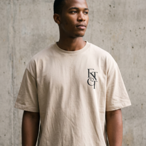 Model wearing the soft cream FNTCT fingerprint tee